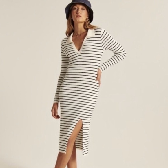 Abercrombie & Fitch Striped Blue White Collared Long Sleeve Midi Dress XL - Picture 1 of 9